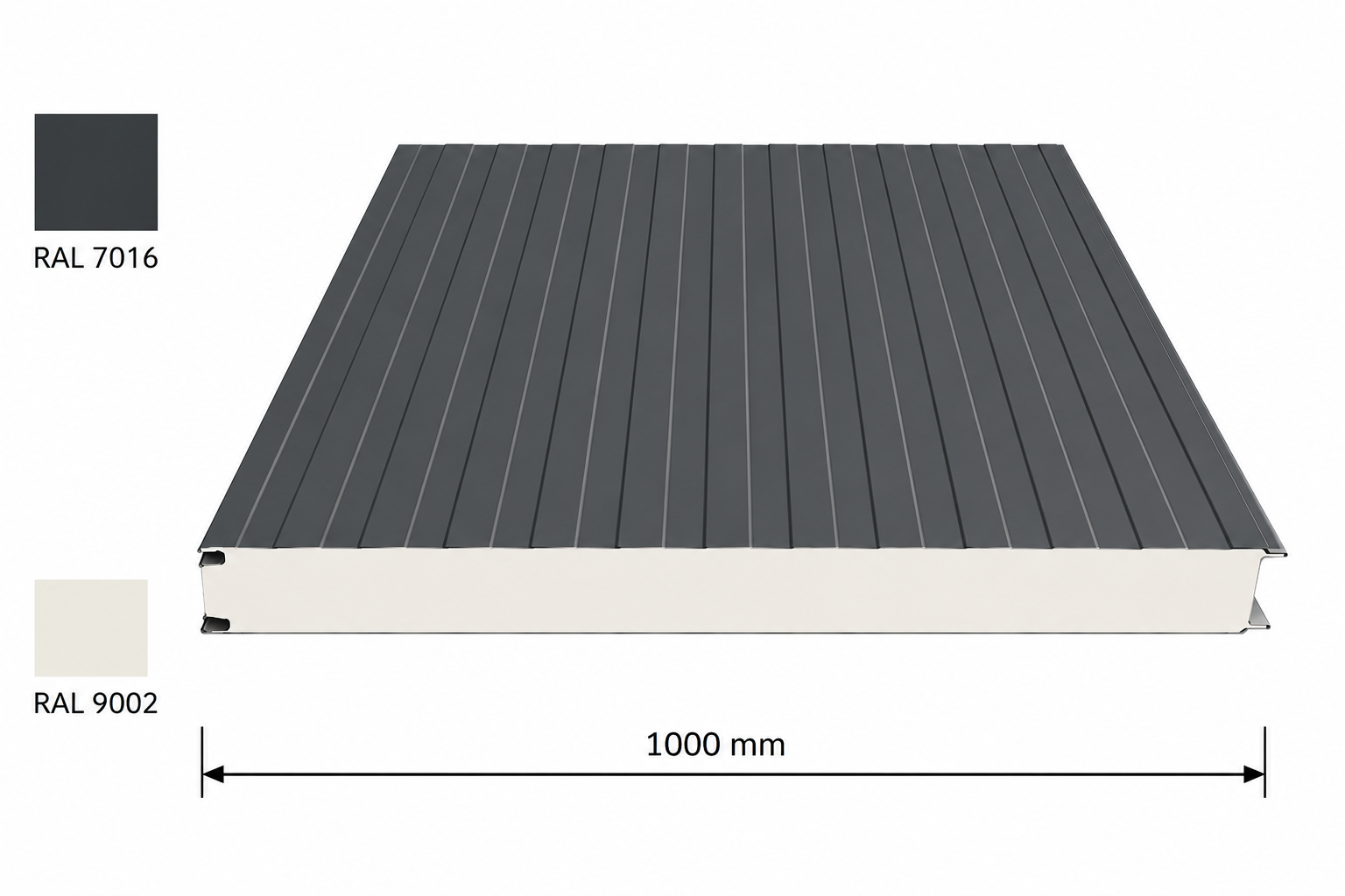 Panneaux sandwich 040 industriels, longueur 3500 mm, nervuré RAL 7016/9002